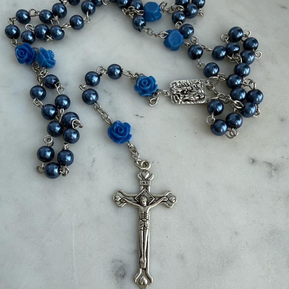 Blue and Silver Rosary Beads